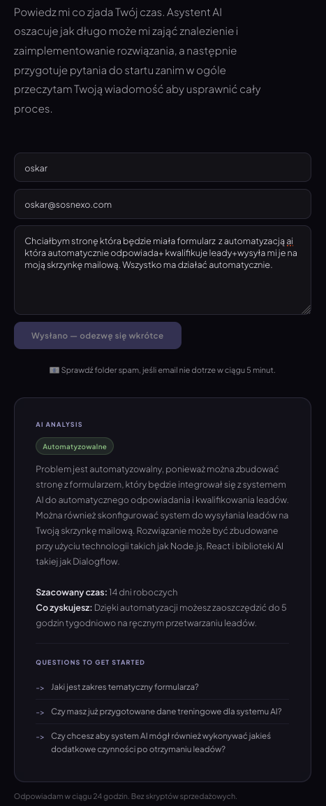 AI Lead Qualifier — contact form with live AI-generated analysis, timeline estimate and onboarding questions