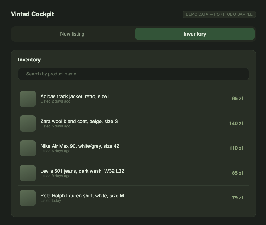 Vinted Cockpit — searchable inventory of saved listings