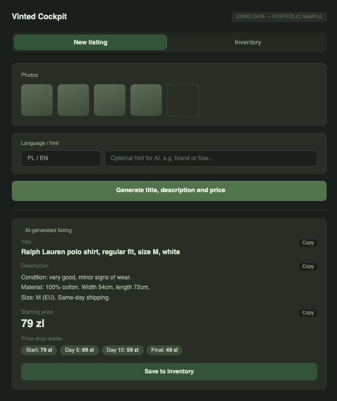 Vinted Cockpit — new listing screen with AI-generated title, description, price and price-drop ladder